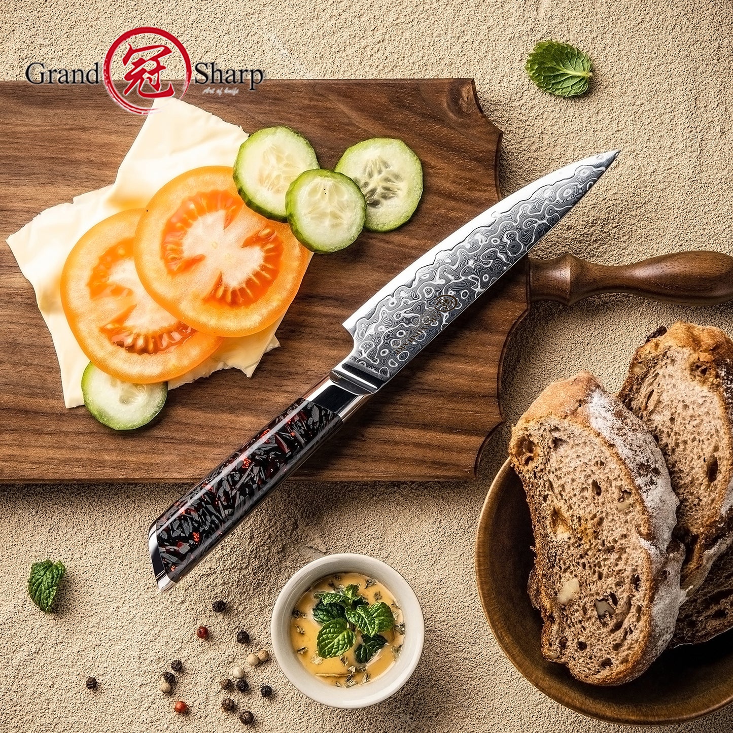 Grandsharp 5 Inch Kitchen Utility Knife 129 Layers Japanese Damascus Steel Utility Knives with Black Carbon Fiber+Resin Handle