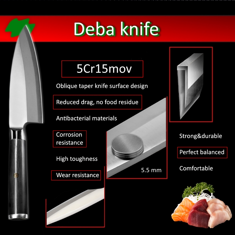 Professional Japanese Deba Fish Head Knife Salmon Knife Sashimi Sushi Chef Kitchen Cooking Knives 5Cr15mov Stainless Steel