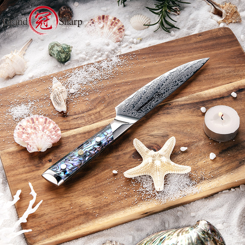 Grandsharp Abalone Shell Handle AUS10 Damascus Kitchen 5" Utility Knife