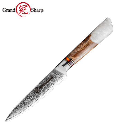 Grandsharp Professional 5 Inch Utility Knife 67 Layers Damascus Steel 10Cr15C0Mov Kitchen Knife with White Resin Handle Gift Box