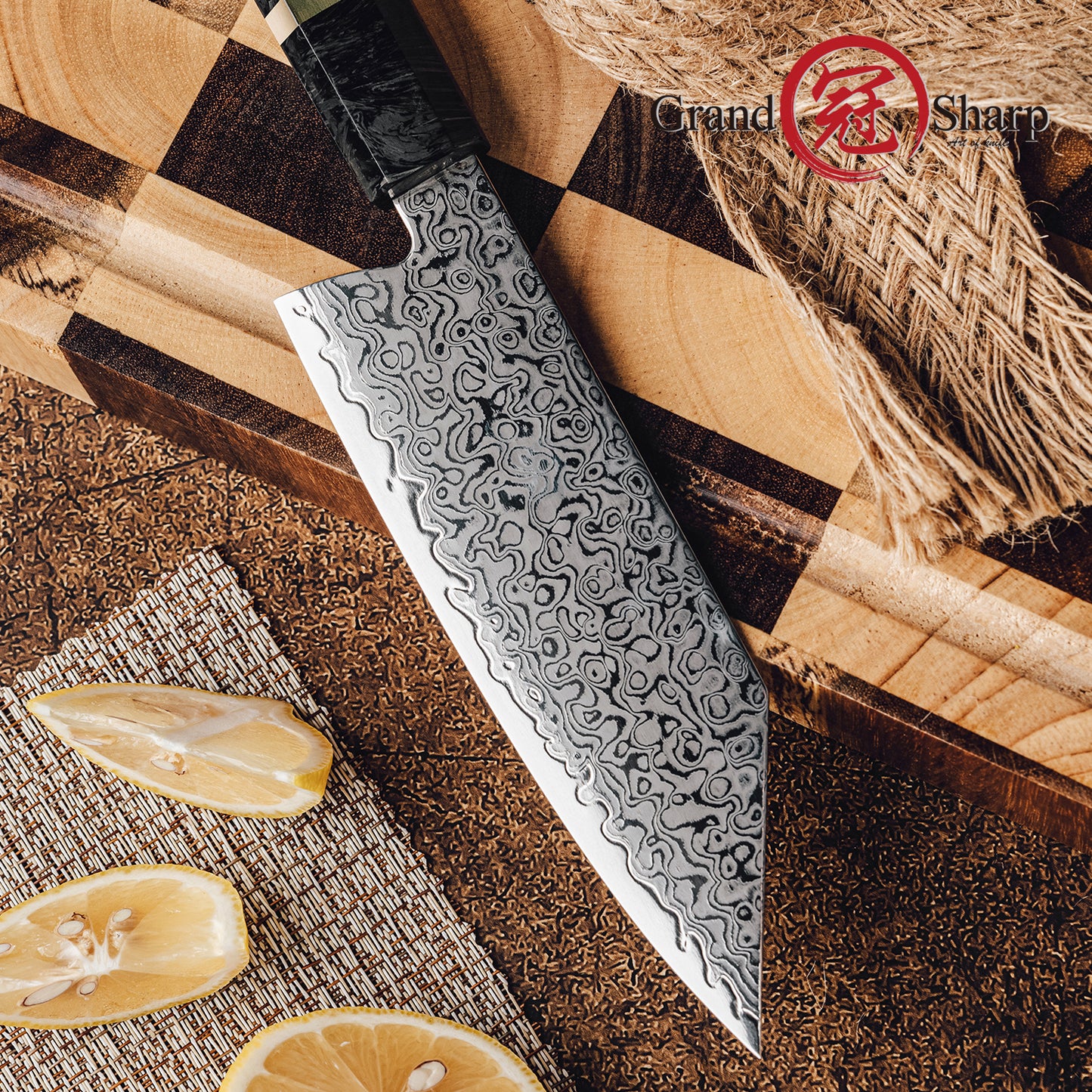 Grandsharp 5.5 Inch Japanese Bunka Knife 67 Layers Damascus Steel Kitchen Bunka Cooking Knives with Black Carbon Fiber Handle