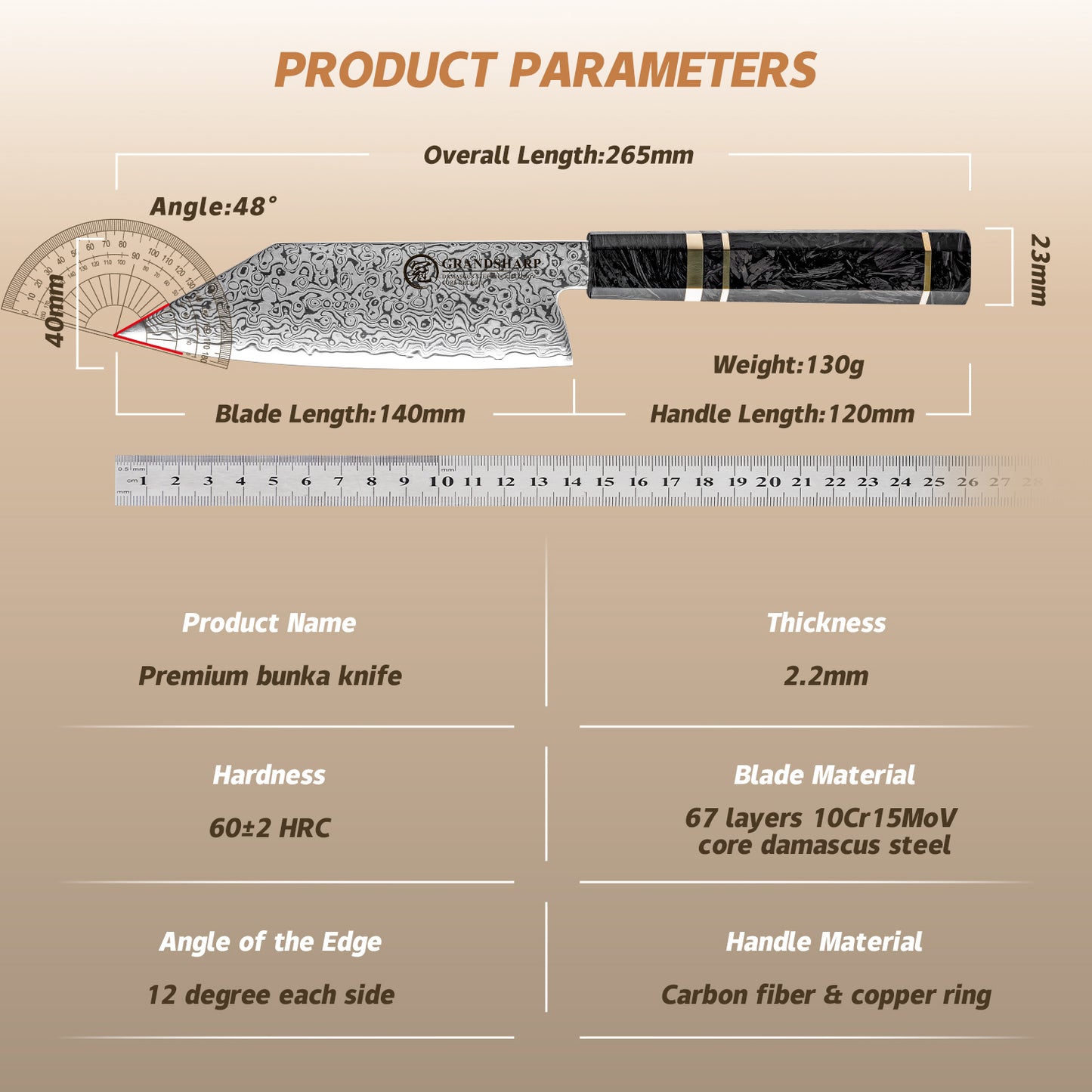 Grandsharp 5.5 Inch Japanese Bunka Knife 67 Layers Damascus Steel Kitchen Bunka Cooking Knives with Black Carbon Fiber Handle