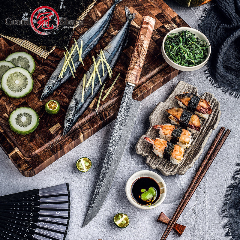 Grandsharp Coreless Damascus Sashimi Sakimaru Knife 240mm