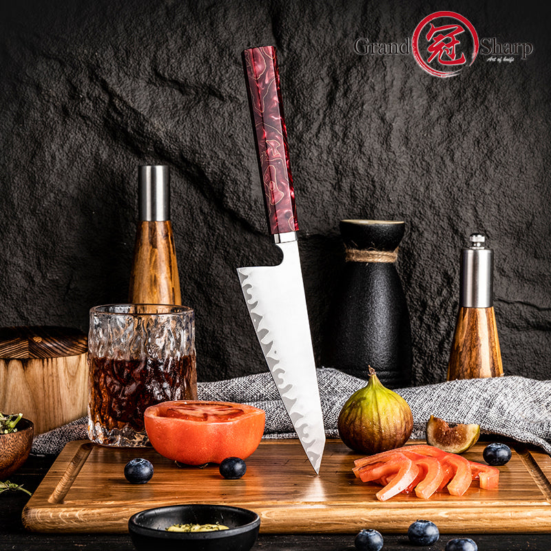 Grandsharp Handmade High Carbon 5 Layers Clad Steel Kitchen Chef Garasuki Knife with Red Resin Handle