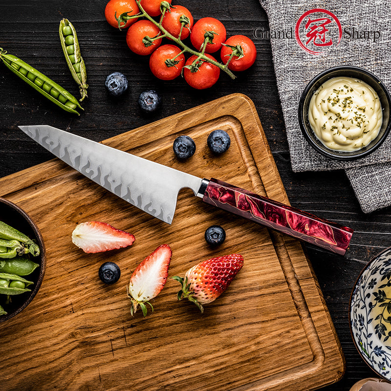 Grandsharp Handmade High Carbon 5 Layers Clad Steel Kitchen Chef Garasuki Knife with Red Resin Handle