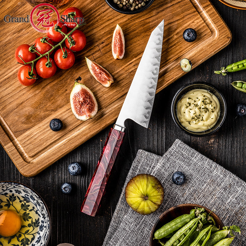 Grandsharp Handmade High Carbon 5 Layers Clad Steel Kitchen Chef Garasuki Knife with Red Resin Handle