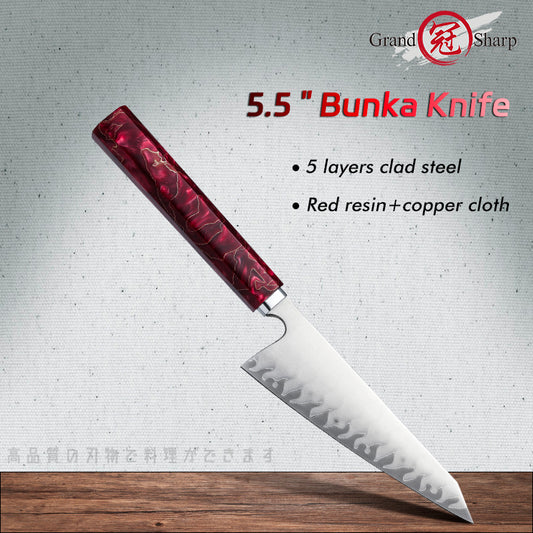 Grandsharp Handmade High Carbon 5 Layers Clad Steel Kitchen Chef Garasuki Knife with Red Resin Handle