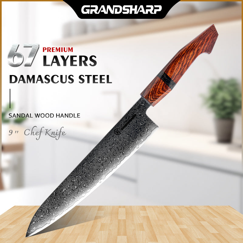 Grandsharp 9 Inch Damascus Chef Knife 67 Layers 10Cr15MoV High Carbon Steel Cutting Knife Sandal Wood