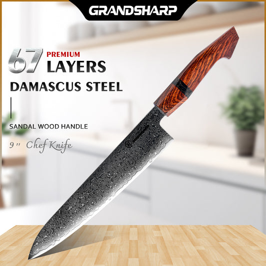 Grandsharp 9 Inch Damascus Chef Knife 67 Layers 10Cr15MoV High Carbon Steel Cutting Knife Sandal Wood