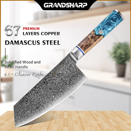 Grandsharp Damascus 10Cr15CoMoV Kitchen Chef Bread Paring Fruit Cleaver Knife Set