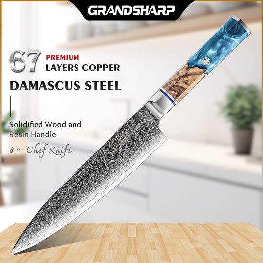 Grandsharp 8" 10cr15mov 67 Layers Damascus Kitchen Knife Chef Knife With Octagonal Resin and Solidified Wood Handle