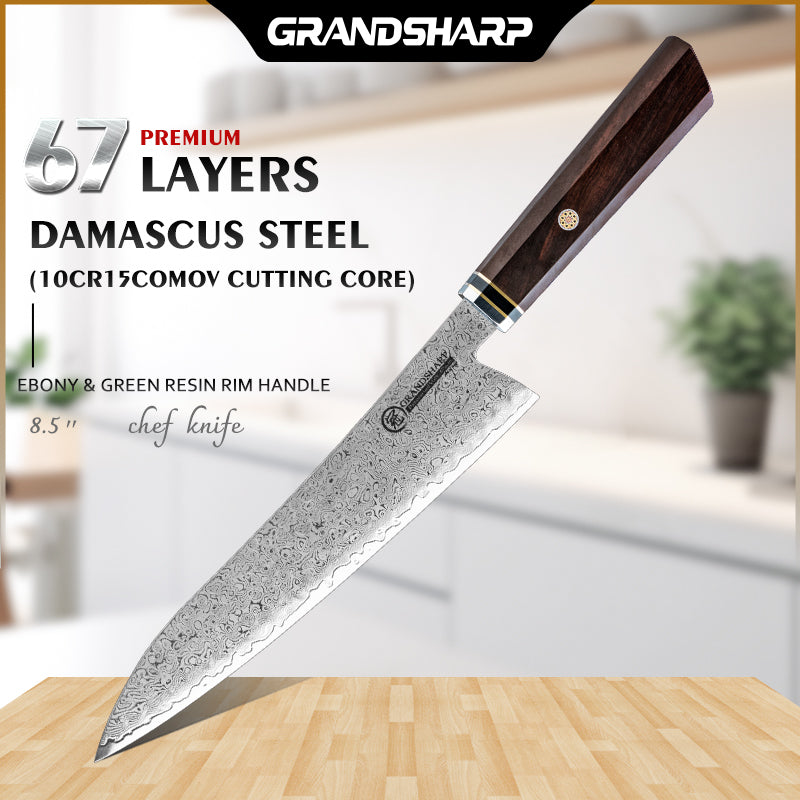 Grandsharp Damascus Kitchen Knife Set Chef Kiritsuke Santoku Nakiri Utility Knife with Ebony Handle