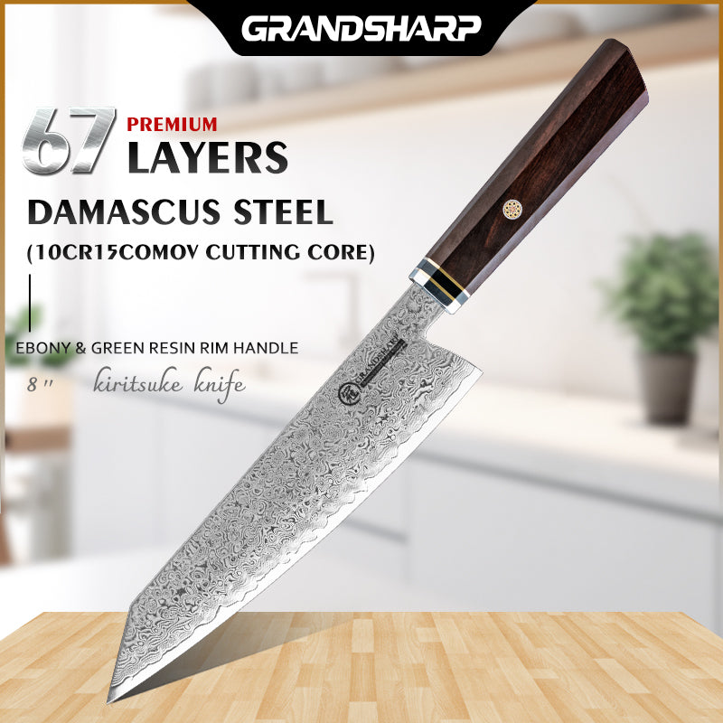 Grandsharp Damascus Kitchen Knife Set Chef Kiritsuke Santoku Nakiri Utility Knife with Ebony Handle