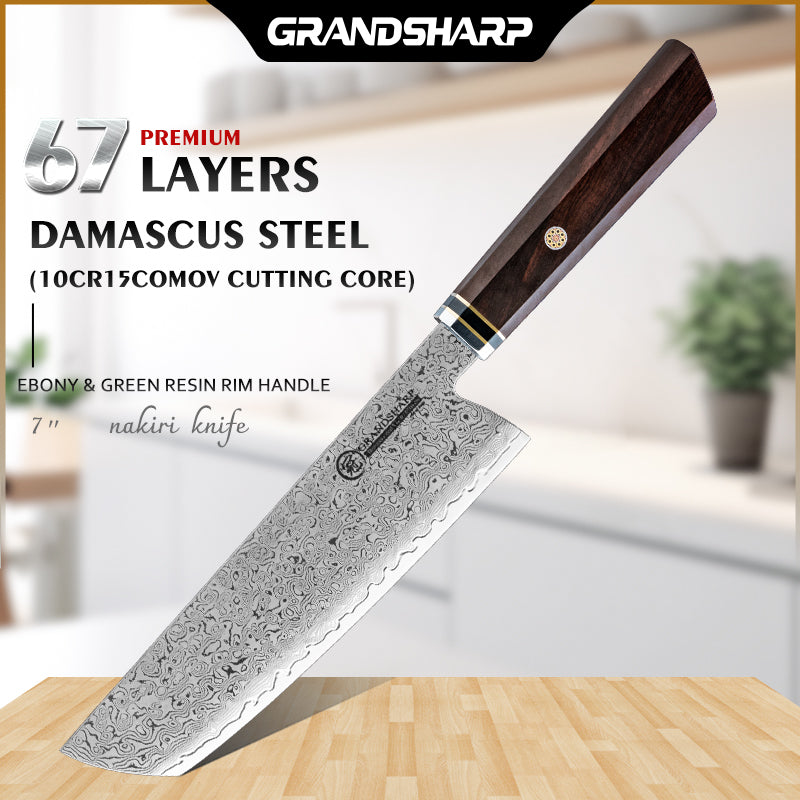 Grandsharp Damascus Kitchen Knife Set Chef Kiritsuke Santoku Nakiri Utility Knife with Ebony Handle