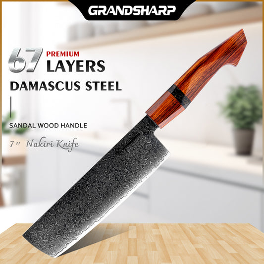 Grandsharp 7 Inch Damascus Nakiri Knife 67 Layers 10Cr15MoV Japanese Kitchen High Carbon Steel Nakiri Knife Sandal Wood Handle