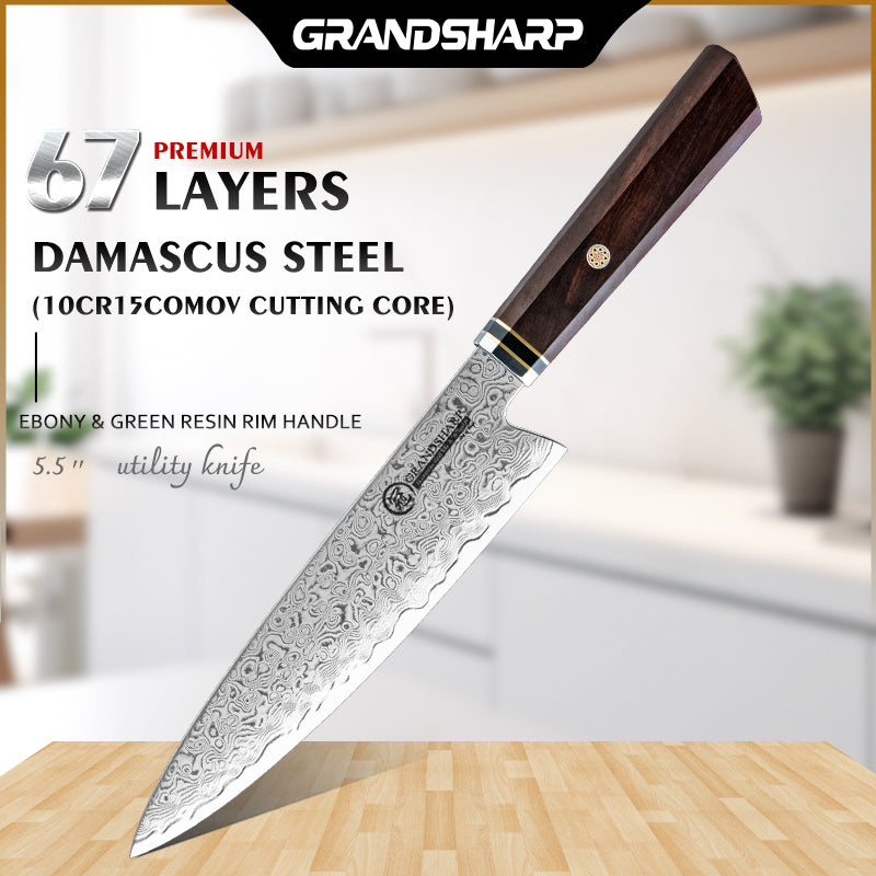 Grandsharp Damascus Kitchen Knife Set Chef Kiritsuke Santoku Nakiri Utility Knife with Ebony Handle