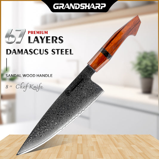 Grandsharp 8 Inch Damascus Chef Knife for Kitchen High Carbon Stainless Steel Cutting Knife Sandal Wood Handle