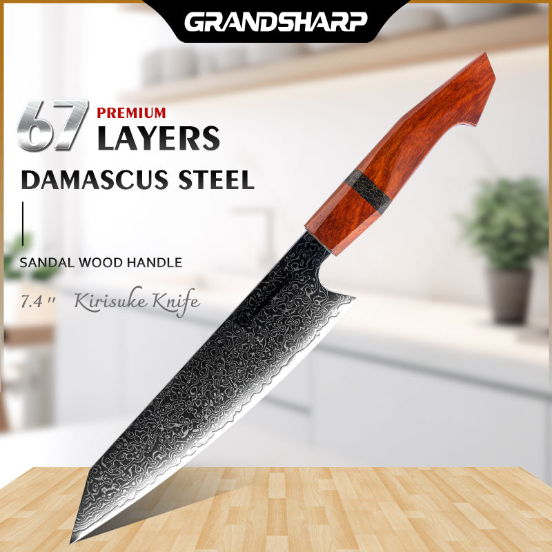 Grandsharp 7.5'' Damascus Steel Chef Kiritsuke Knife 67 Layers Japanese 10CR15MOV Steel Kitchen Chef Knives Sandal Wood Handle