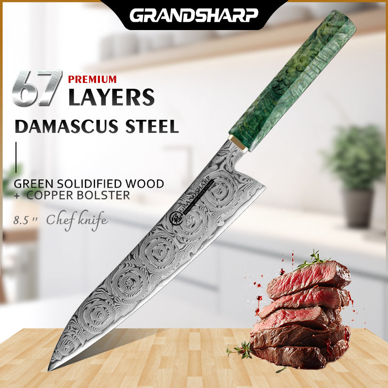 Grandsharp 8.5'' Damascus Kitchen Chef Knife with Solidified Wood and Copper Bolster Handle