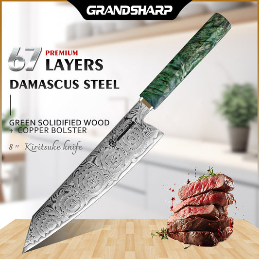 Grandsharp 8'' Kiritsuke Knife Damascus Steel Kitchen Knives Meat Vegetable Slicer Cooking Tools Green Solidified Wood Handle