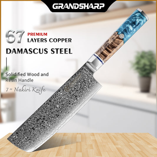 7'' Nakiri Knives High Carbon Blue Resin Handle Vegetable Cutter Chef Kitchen 10CR15MOV Damascus Steel Nakiri Knife