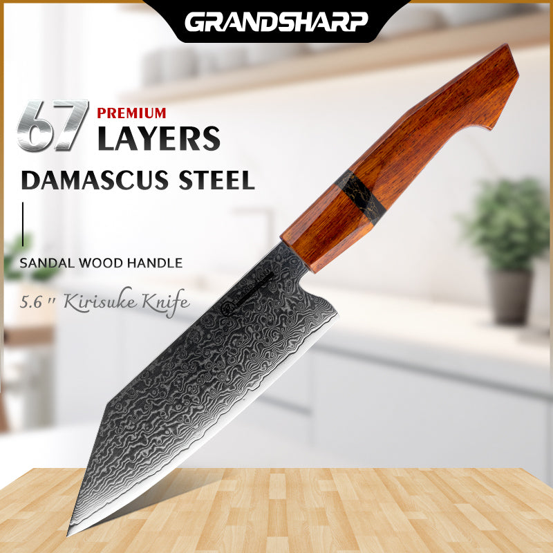Grandsharp 5.5'' Damascus Kiritsuke Bunka Knife Japanese 10Cr15Mov Kitchen High Carbon Stainless Steel Knife Sandal Wood Handle