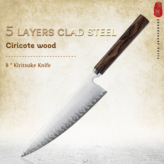 Grandsharp Handmade 5 Layers Clad High Carbon Stainless Steel Kitchen Chef Kiritsuke Knife with Ciricote Wood Handle