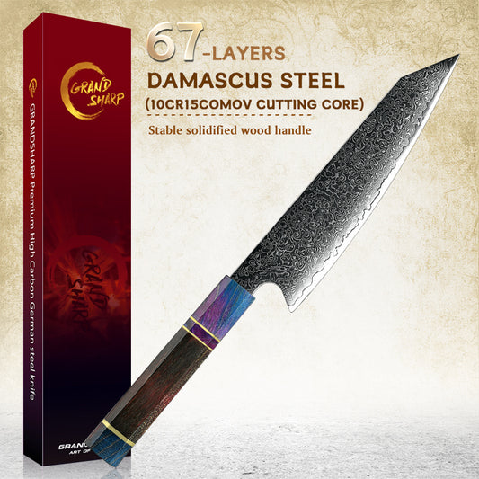 Grandsharp Professional Damascus Steel Kitchen Chef Kiritsuke Knife Home Tools Cooking with Solidified Wood Handle