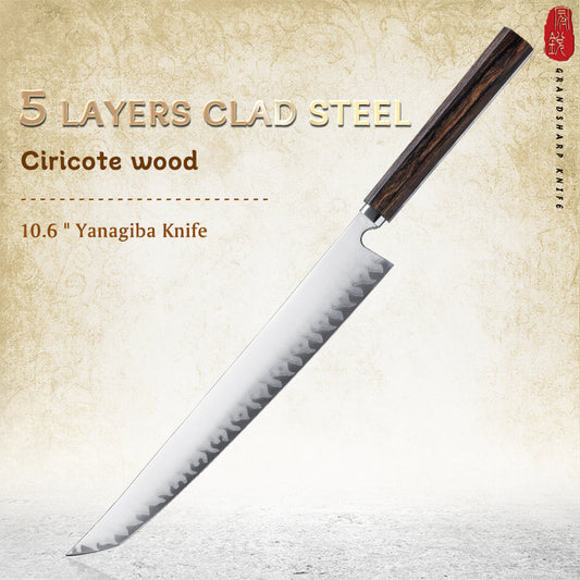 Grandsharp Handmade 5 Layers Clad High Carbon Stainless Steel Kitchen Chef Sakimaru Sushi Knife Ciricote Wood Handle