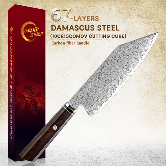 Grandsharp Kitchen Chef Knife 67-Layers Damascus Carbon Stainless Steel Bunka Knife with Wood Ebony Handle