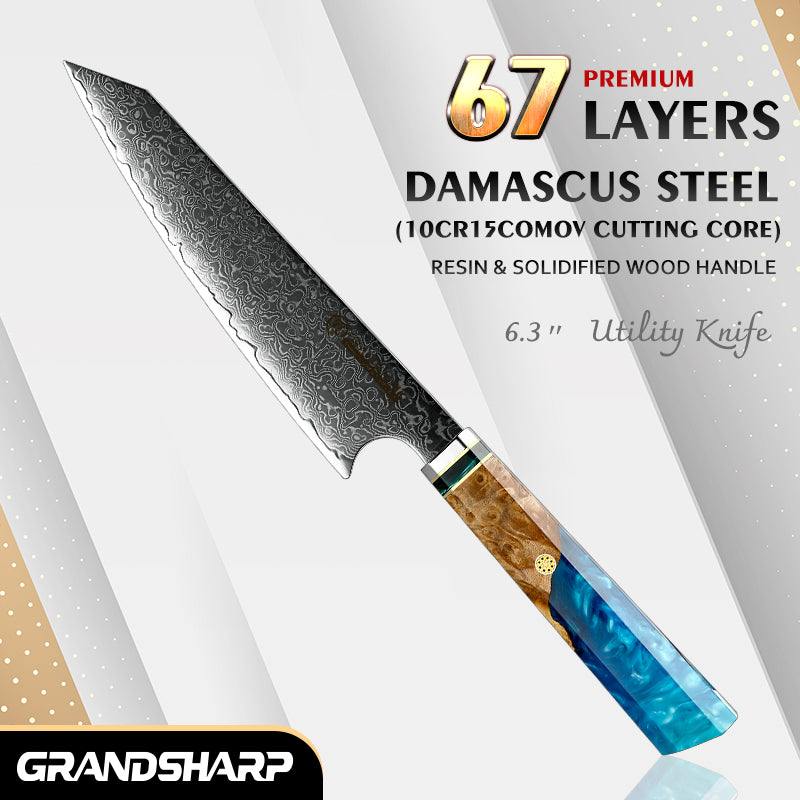 6.5 Inch Utility Knife AUS-10 Japanese Damascus Kitchen Chef Knives Meat Slicing Fruit Vegetables Chopping Knife Grandsharp