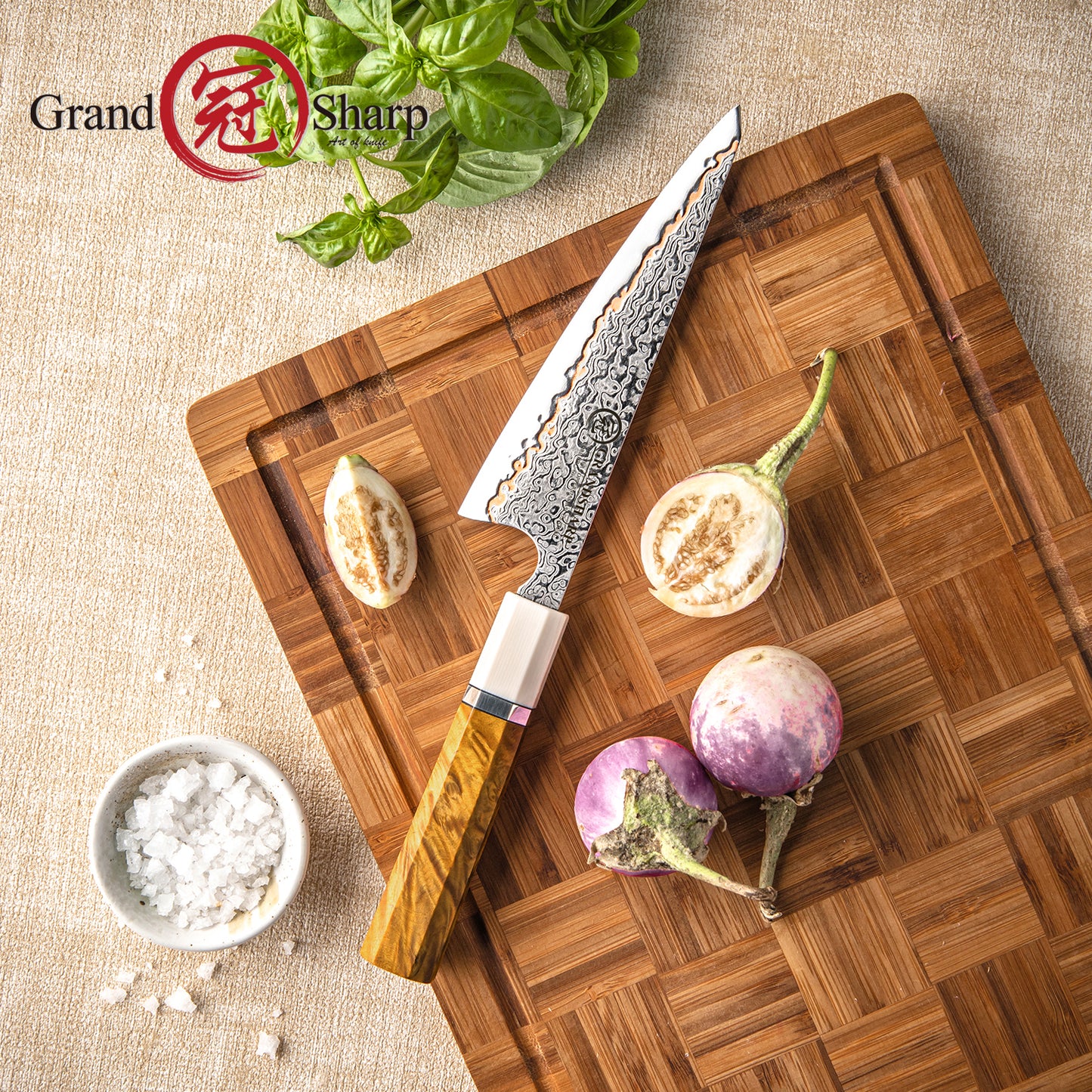 Grandsharp 55 Layer Copper Damascus Steel 6 Inch Garasuki Knives with Solidified Wood Handle