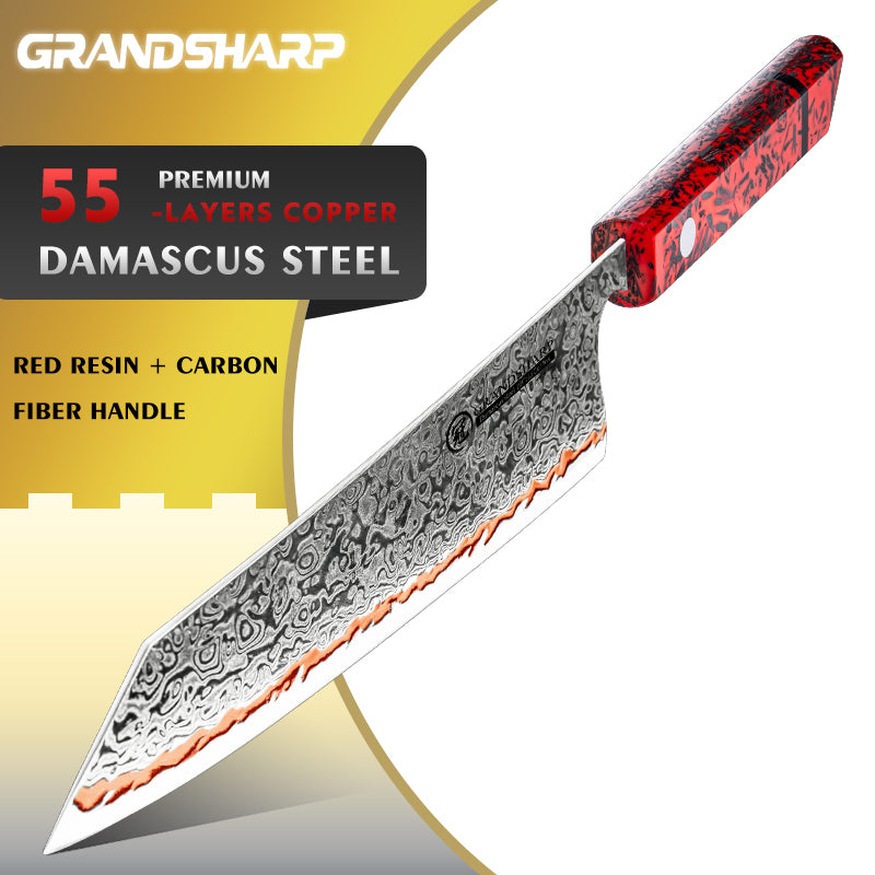 Grandsharp 8 Inch Kiritsuke Knife High Quliaty 55 Layers Copper Damascus Steel Kitchen Knives Red Resin + Carbon Fiber Handle