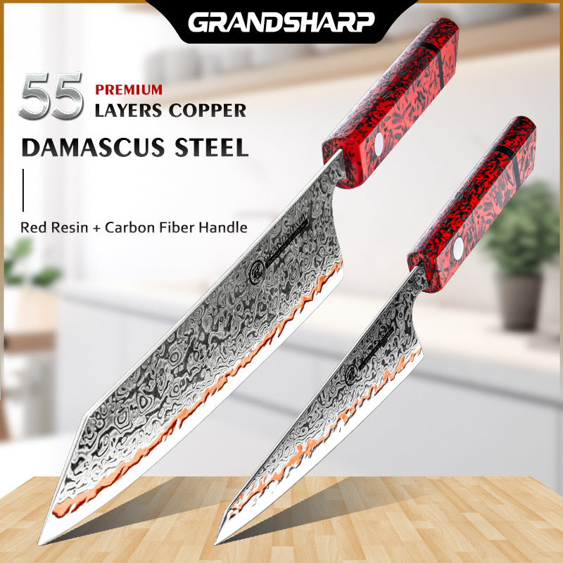 Grandsharp Kitchen Knife 2Pcs Set 55 Layers Copper Damascus Steel Kitchen Accessories Chef Meat Vegetable Slicer Cooking Tools