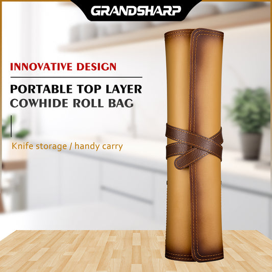 Grandsharp Fashionable Leather Knife Roll Bag First Layer Cowhide 3 Main Pockets 2 Extra Slot Suitable For Chef Santoku Knives