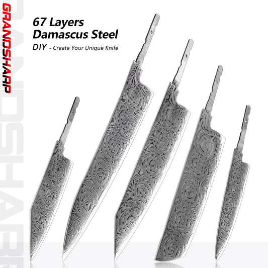 Grandsharp 67 Layers Damascus Steel DIY Hidden Tang Blade with Rose Pattern