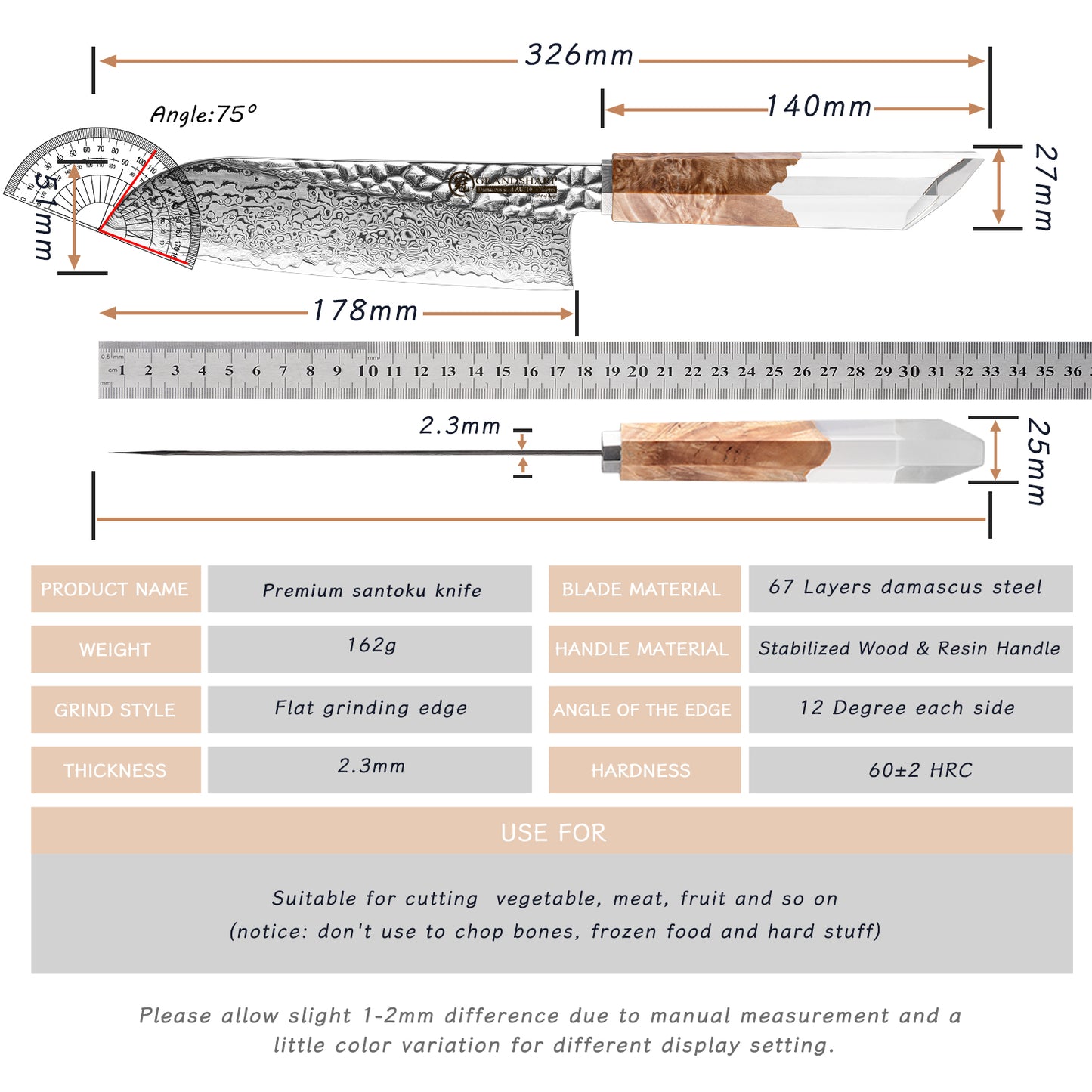 Grandsharp Premium Kitchen Santoku Knife 67 Layers 7 Inch Damascus Steel Santoku Knives with Stabilized Wood & Resin Handle