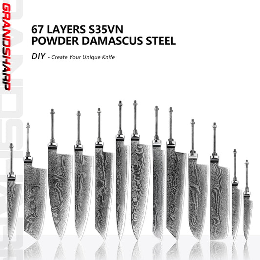 Premium DIY 67 Layers Damascus Steel Half Tang Blank Blade S35VN Powder Steel Core