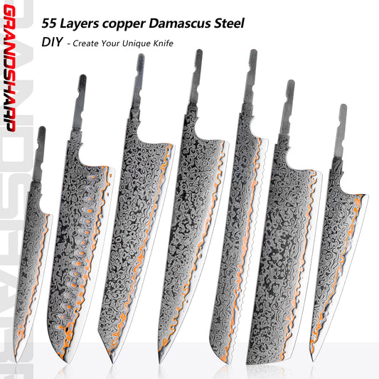 Grandsharp DIY Blank Knife Blade 55 Layers Copper Damascus Steel Kitchen Chef Knife Blade Set No Handle Knives Blank Blade