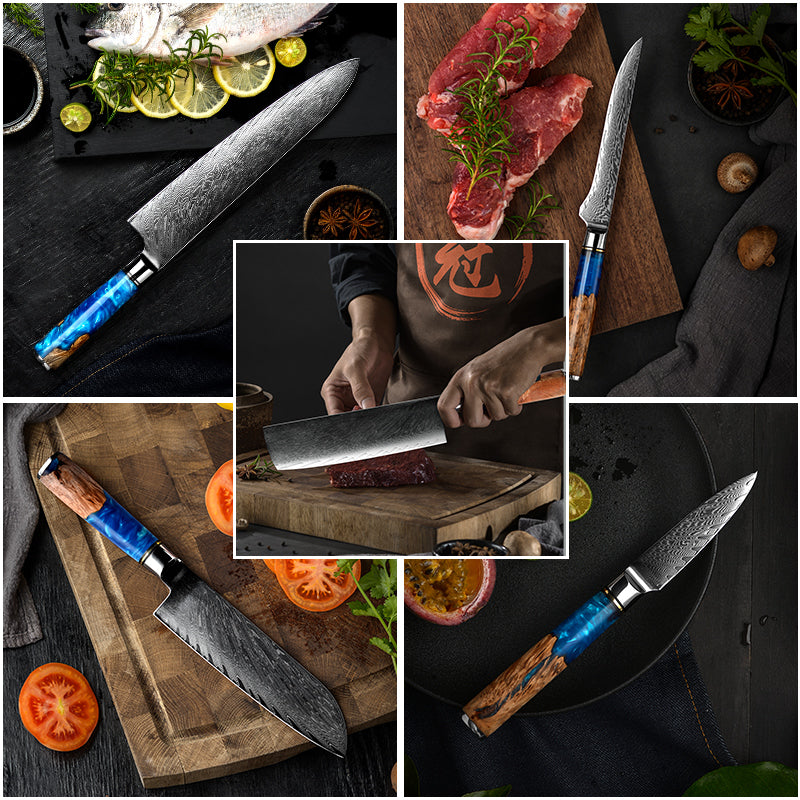 Damascus Kitchen Knives vg10 Japanese Stainless Steel Chef Santoku Cleaver Bread Utility Paring Boning Knife Cooking Tools
