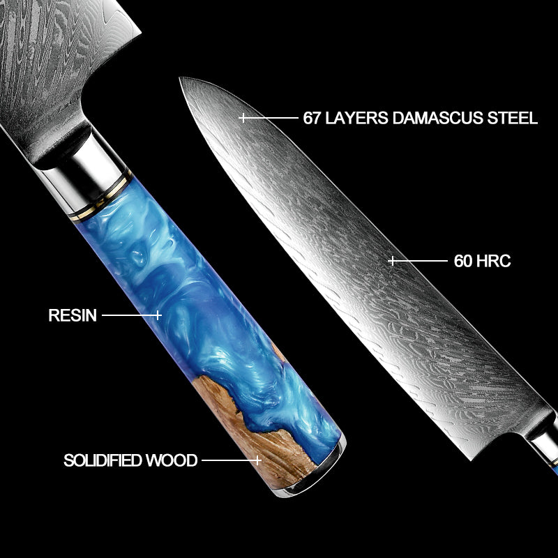 Chef Cleaver Santoku Utility Boning Bread Knife Set Damascus Steel Resin  Handle
