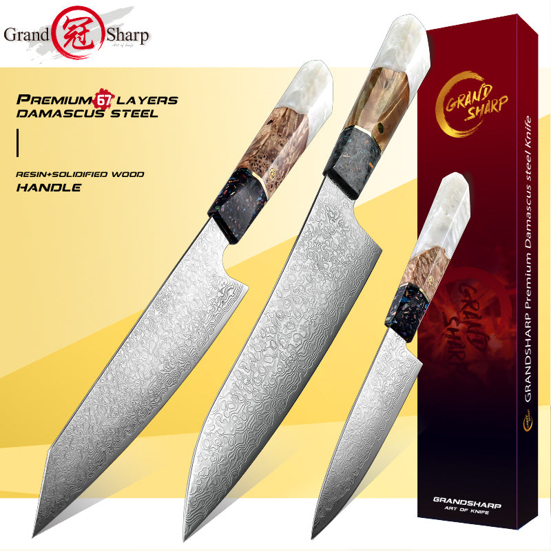 3Pcs Professional Knife Set Japanese AUS-10 Kitchen Chef Knife Damascus Stainless Steel Kiritsuke Utility Knives Meat Slicer Cooking Tools